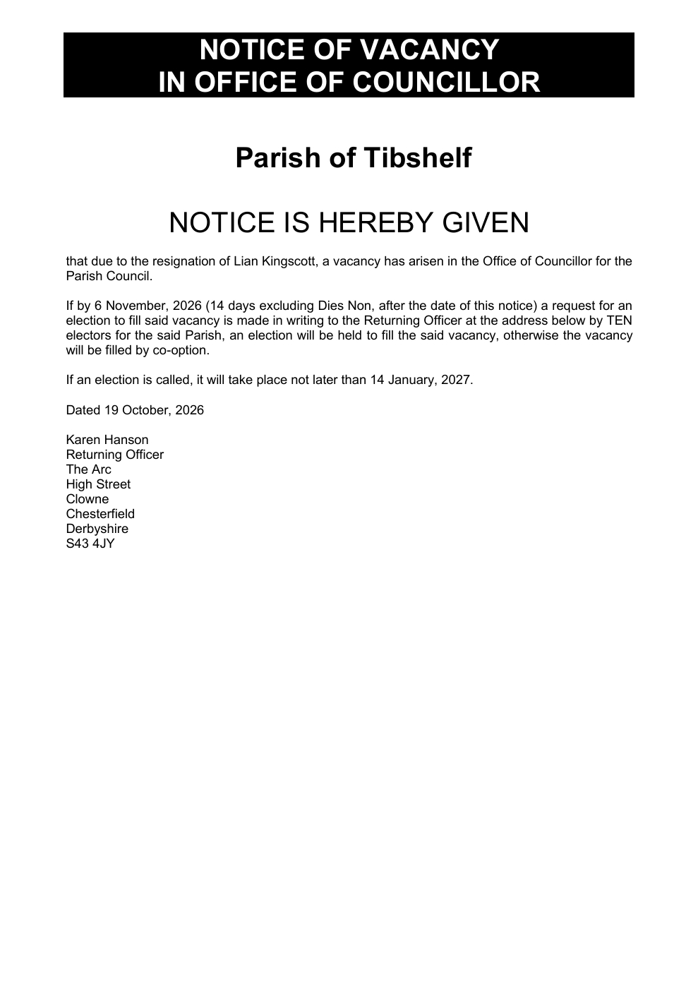 Notice of Parish Councillor Vacancy